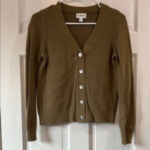 The Drop Wool Like Army Green Knit Button Down Cardigan with V-Neck - Size Small
